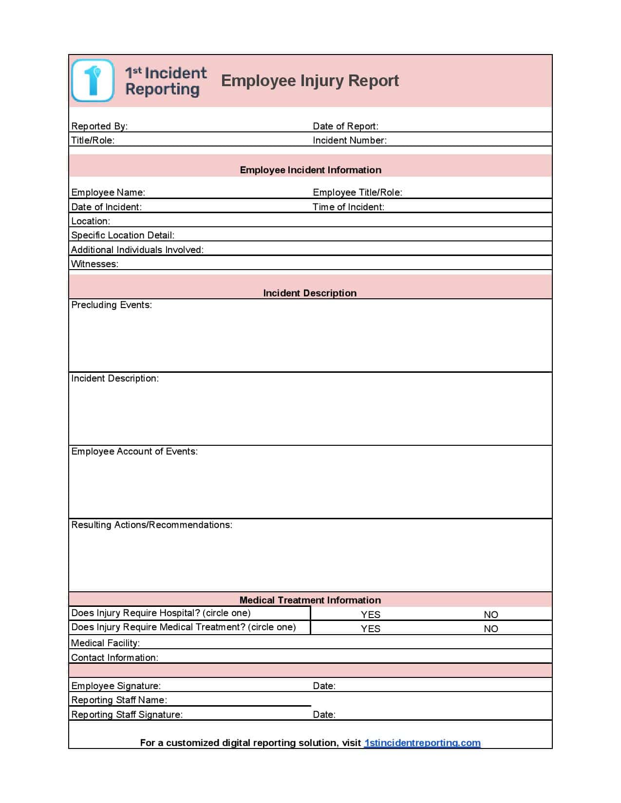 Downloadable Employee Injury Report Form For Timely Reporting Intended For Incident Report Log Template